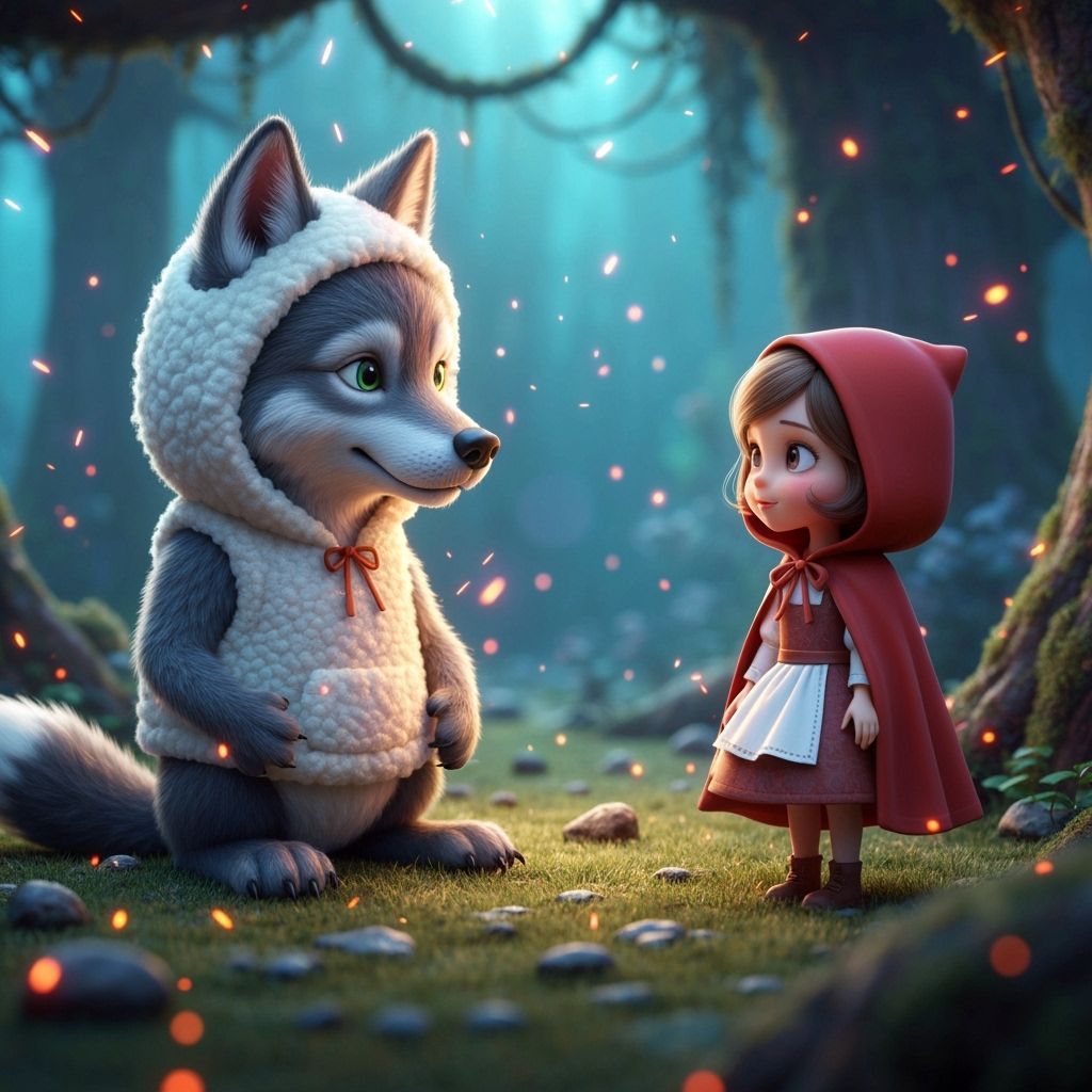Grey Wolf in Sheep Hoodie Meets Red Riding Hood in Enchanted...