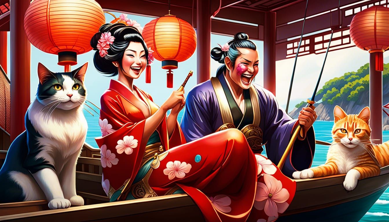 The cats of Japan's famous Aoshima Island (Cat Island) with a  geisha girl and fisherman