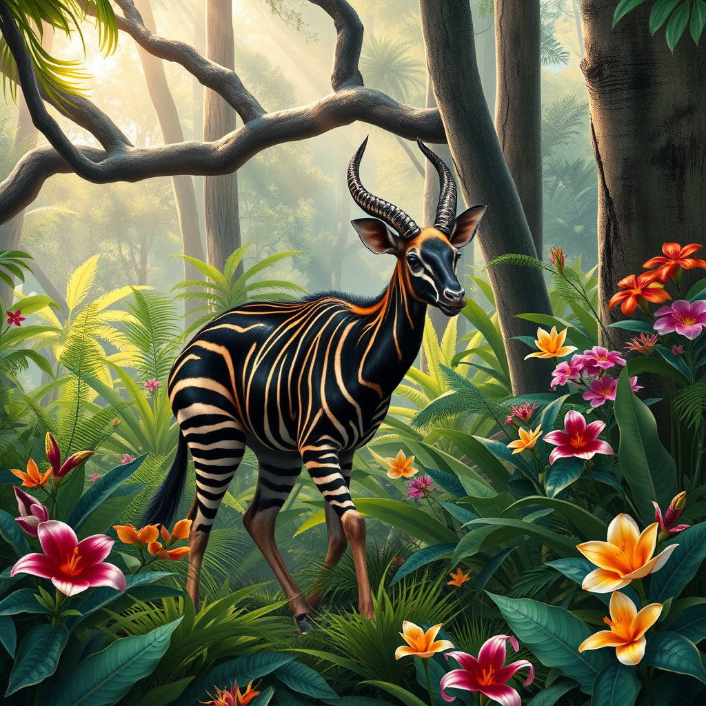 Okapi in Tropical Rainforest, Wildlife Art