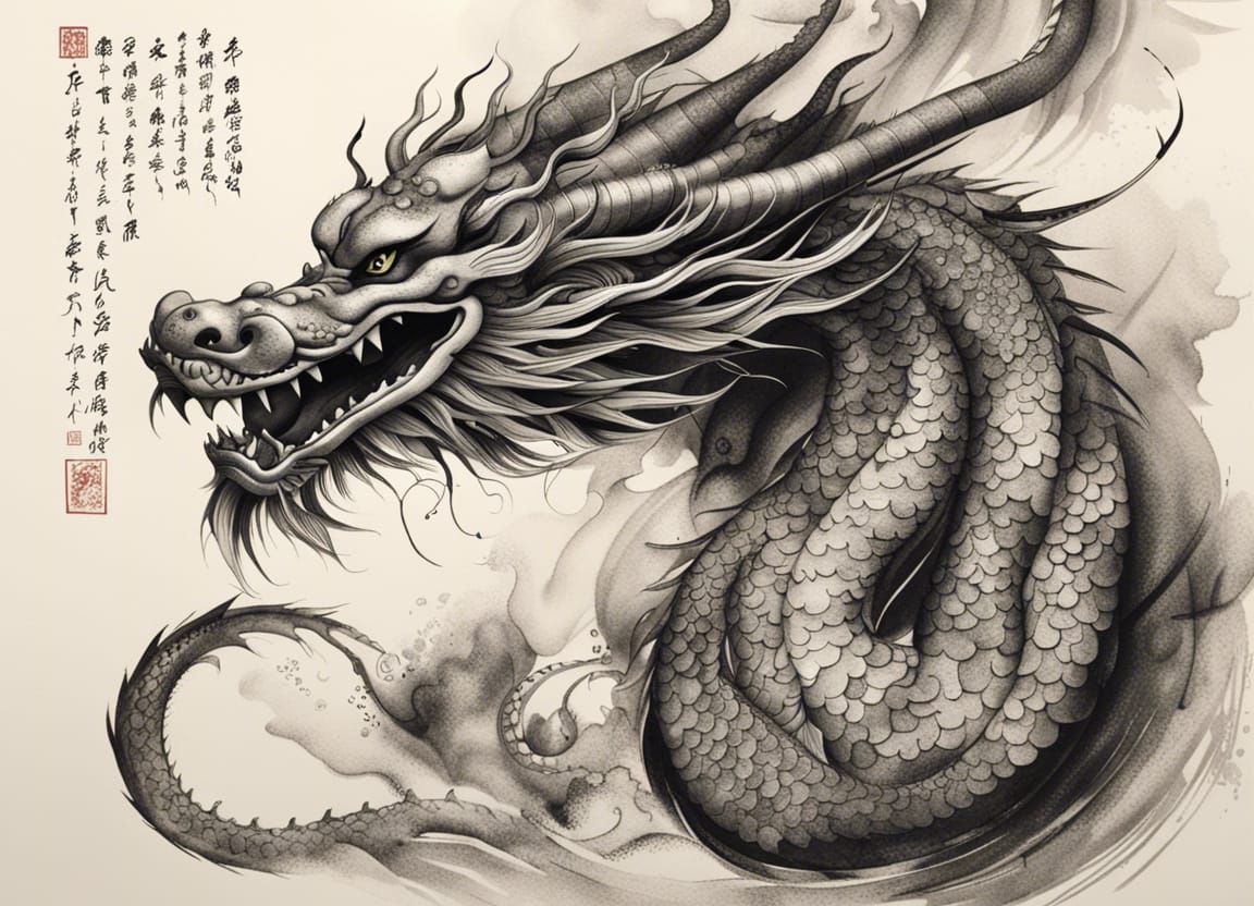 Asian Dragon Ink Drawing in Black and White