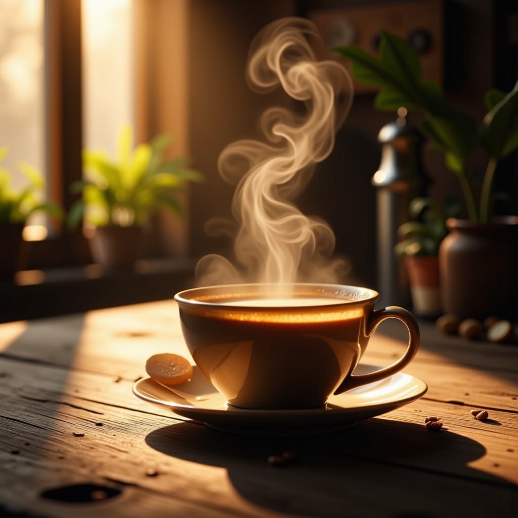 Steaming Coffee Cup on Wooden Table with Golden Hour Light