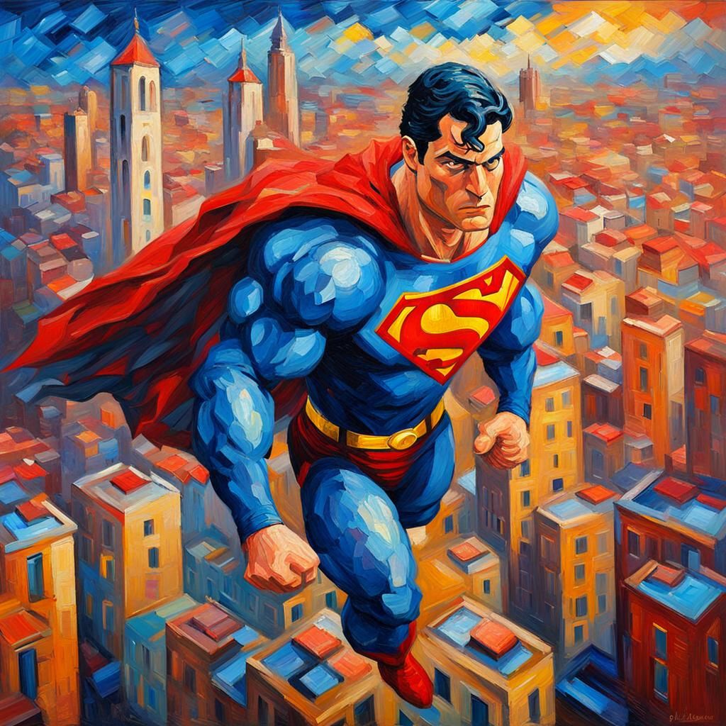 Superman in Infinity Castle: Neo-Impressionist Oil Painting