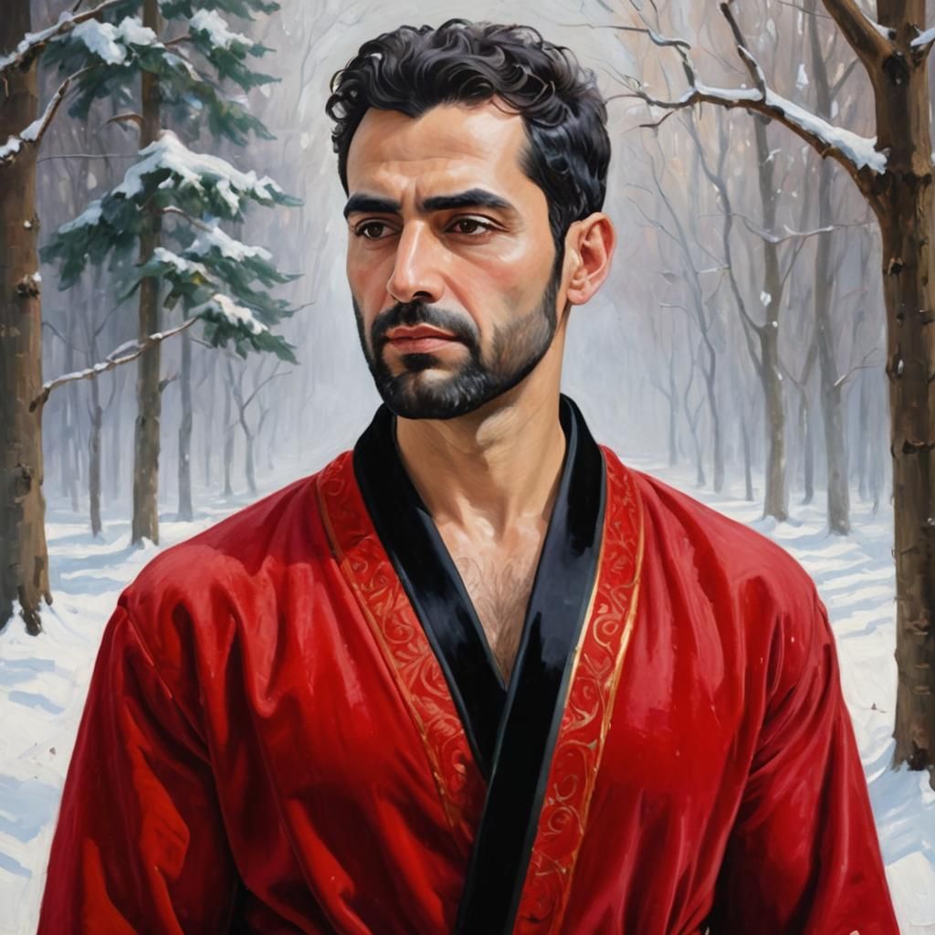 Serene Man in Snowy Forest, Neo-Impressionist Oil Painting