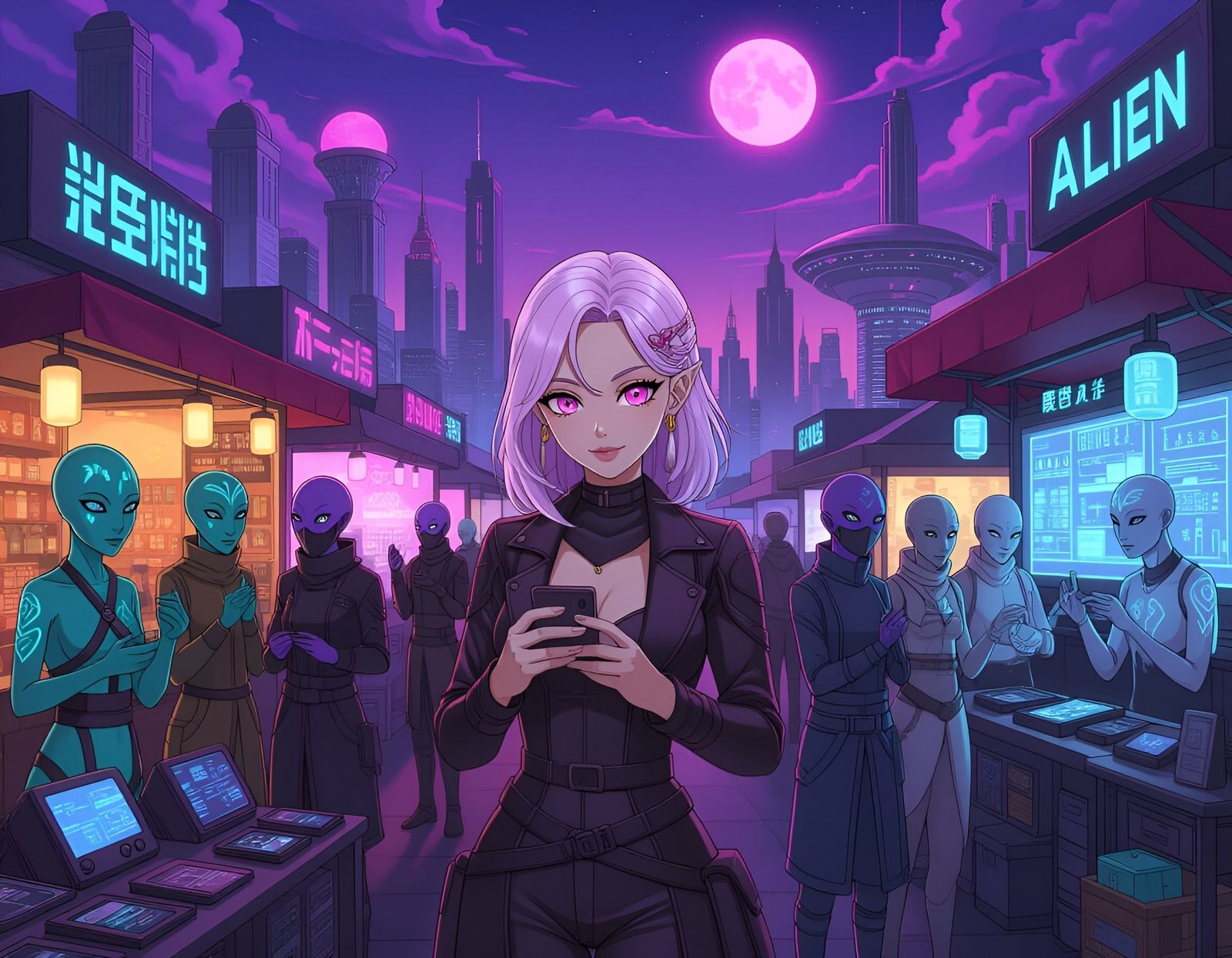Anime Woman Shopping at an Alien Tech Market
