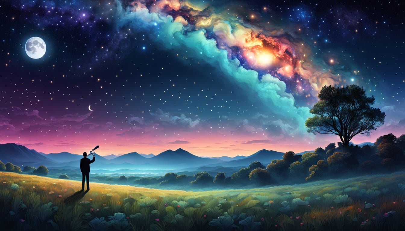 Man Gazes at Cosmic Surreal Night Sky with Telescope