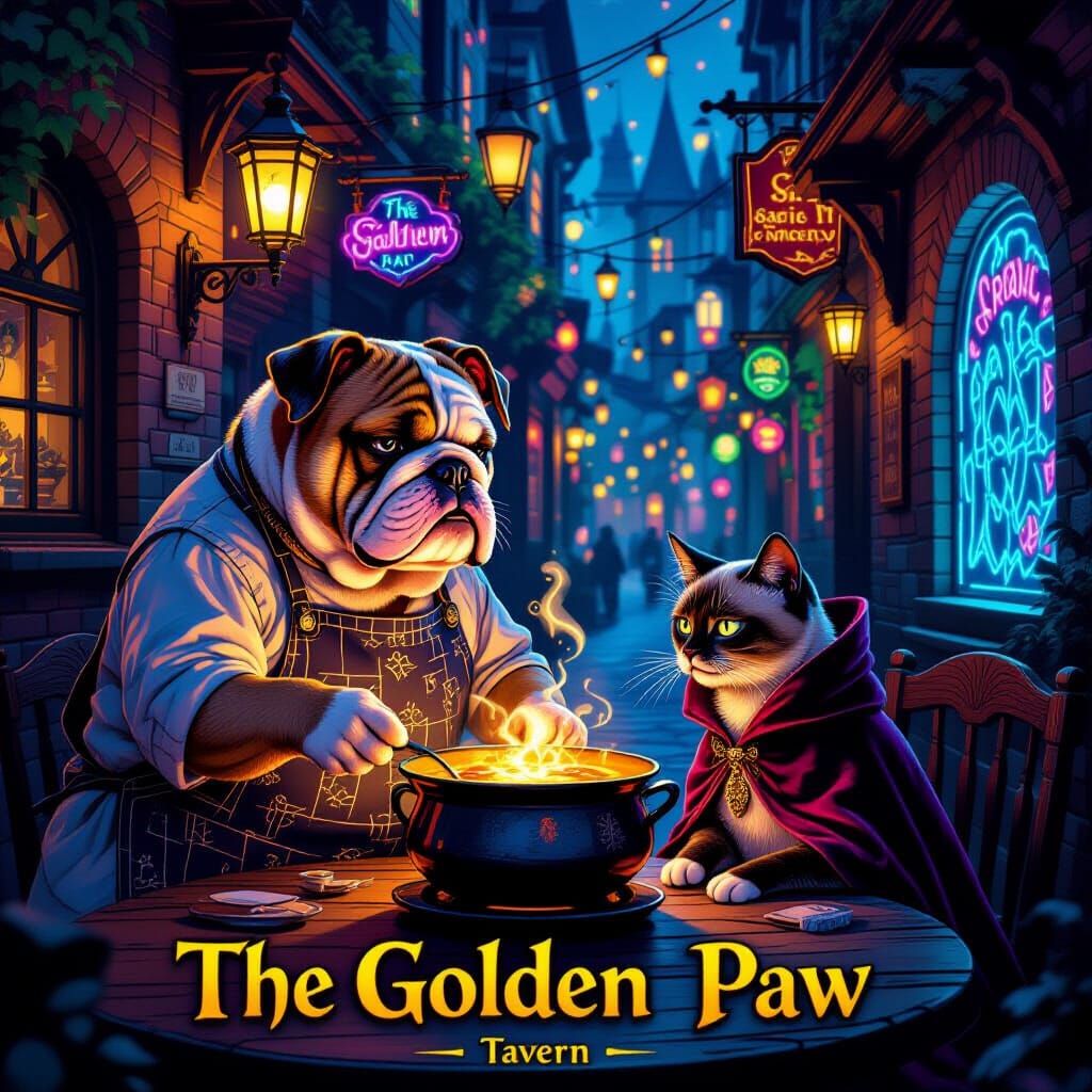 Secret Pet Tavern in Magical Alleyway with Lantern Light