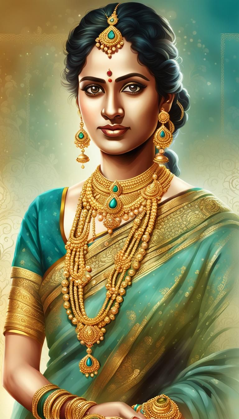 South Indian Bride in Teal Sari: Hyperrealistic Portrait