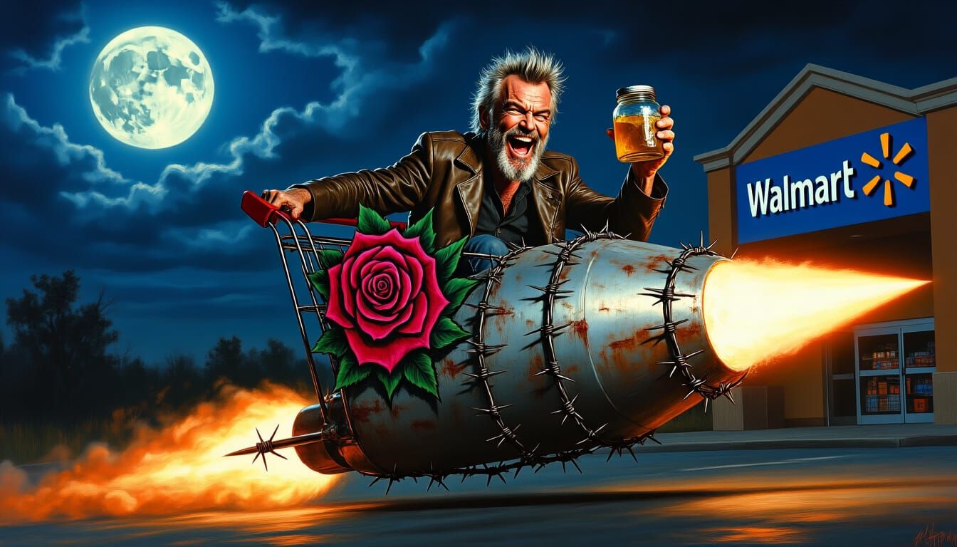 Surreal Oil Painting of Billy Bob Thornton on a Rocket Cart