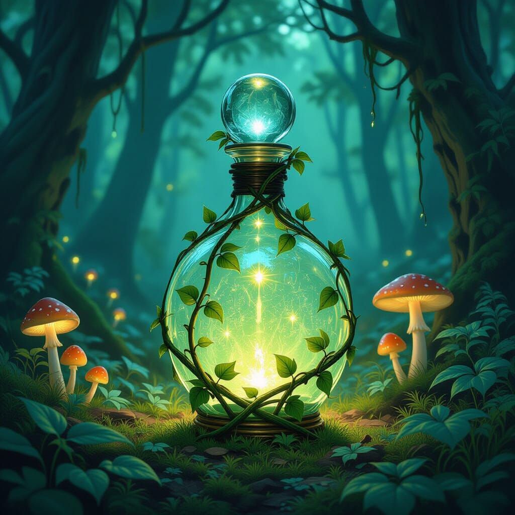 Glowing Flask in Bioluminescent Forest, Art Nouveau Style