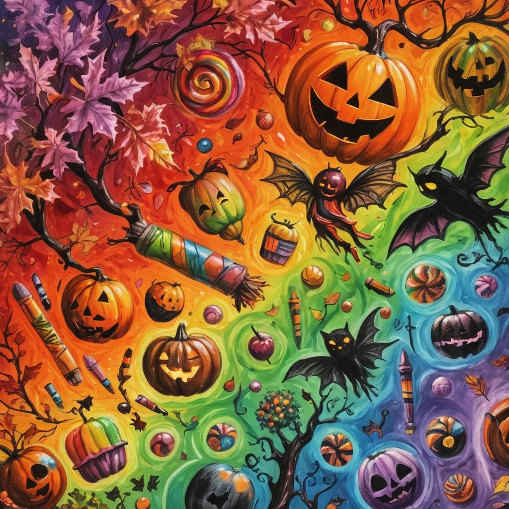 Halloween Tree with Fairy in Crayon Style