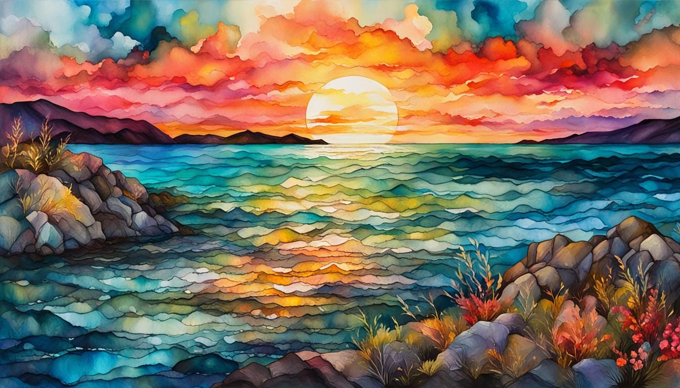 Coastal Sunset in Gouache and Watercolor Style