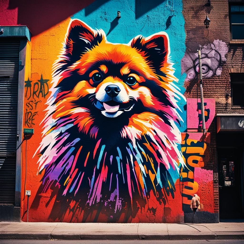 Colorful Pomeranian Mural in Urban Street Art Style