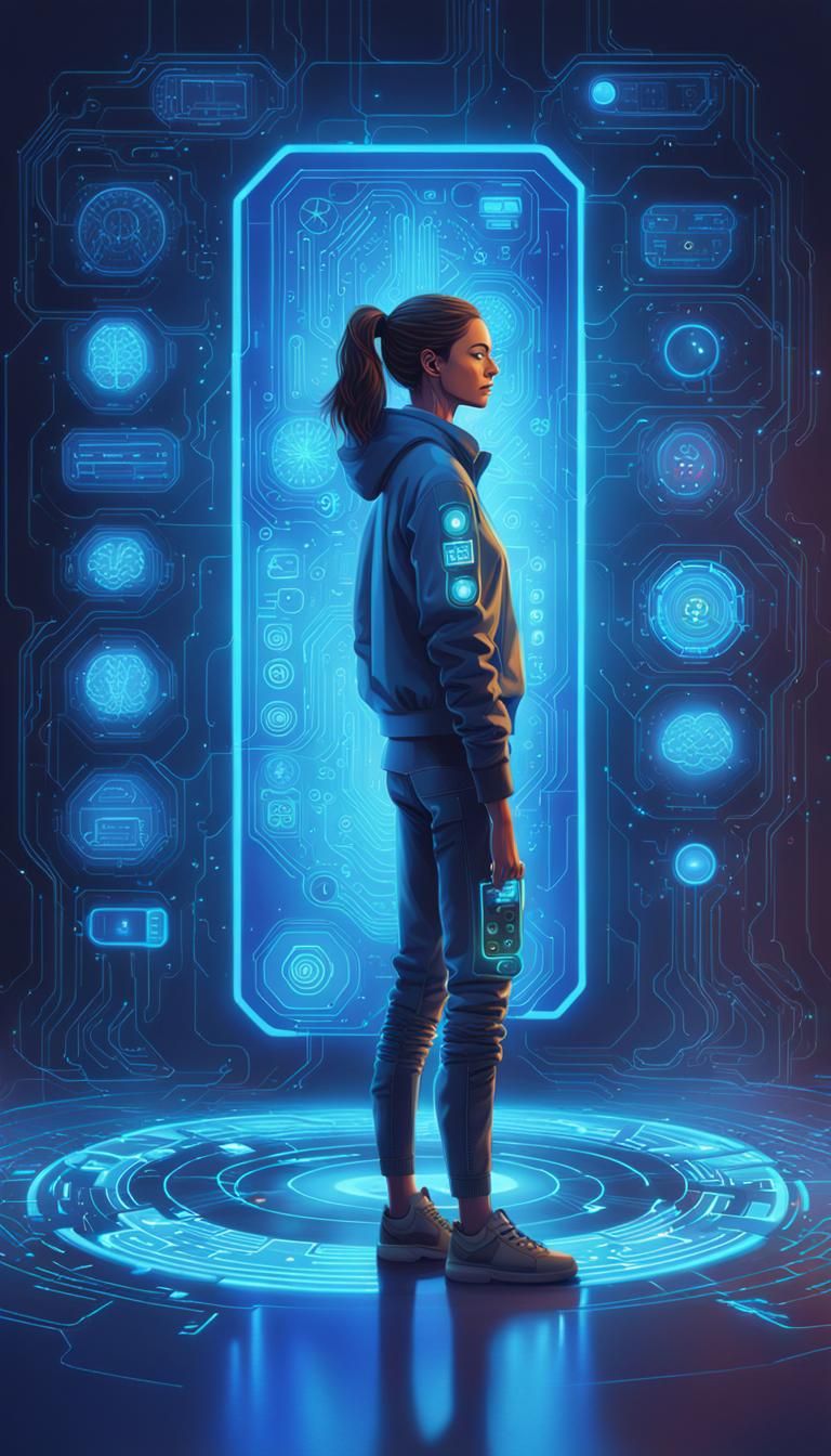 Futuristic Woman Controls Brain with Remote: Digital Art