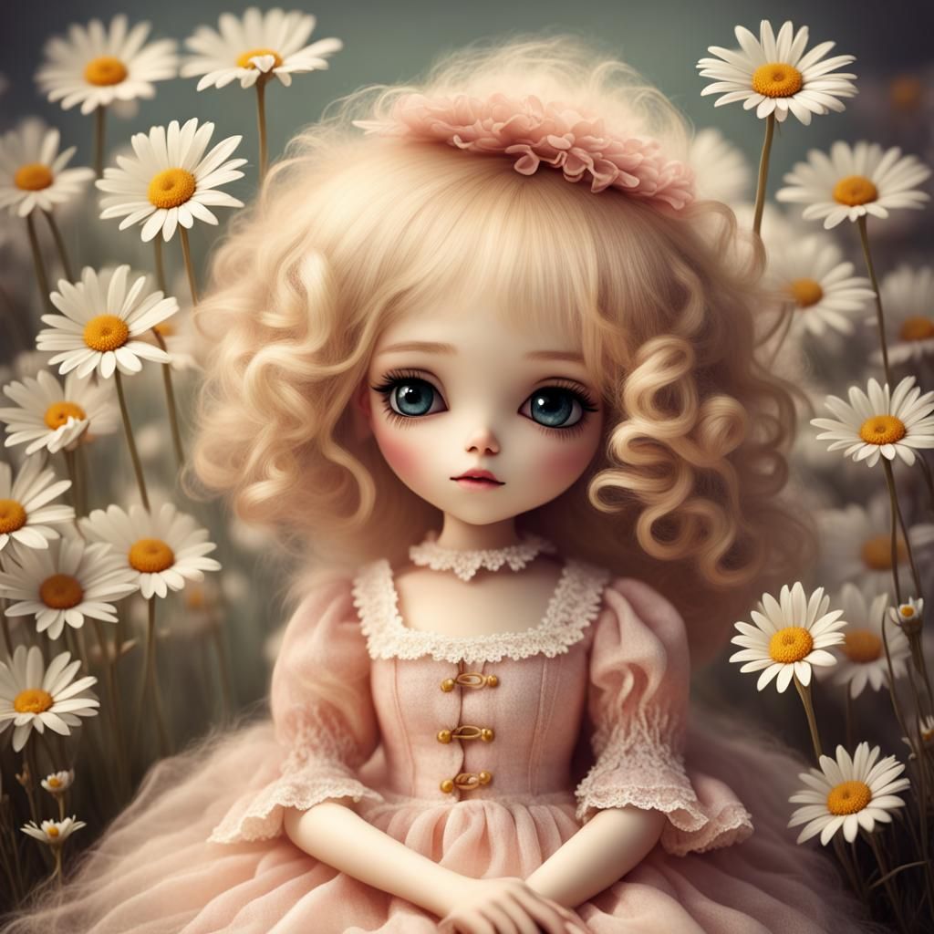 Dreamy Doll with Daisies, Digital Art