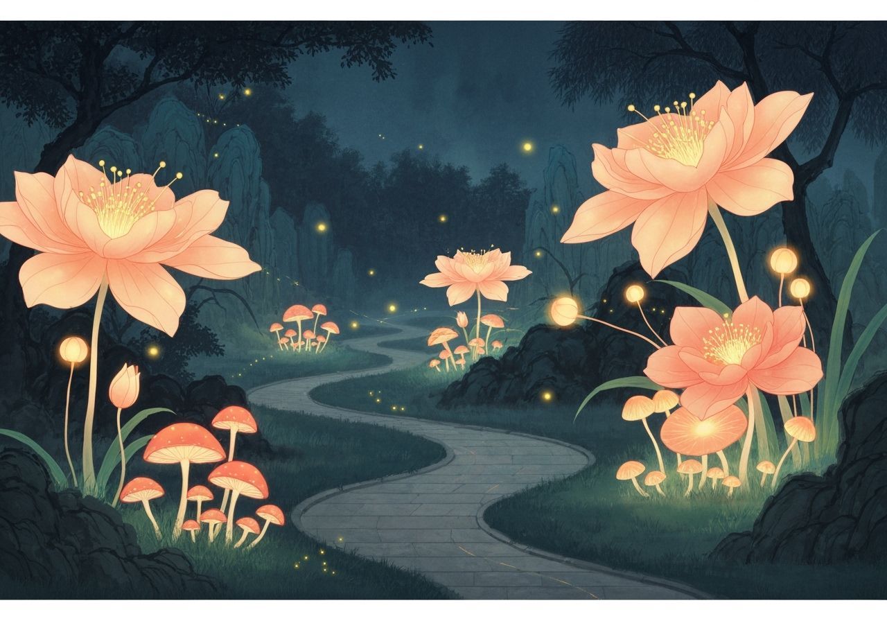 Magical Glowing Garden at Night Chinese Ink Painting