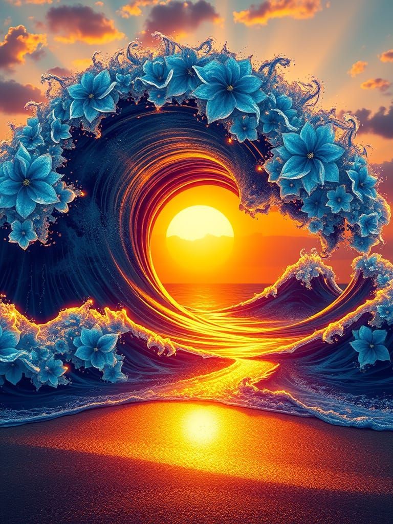 Bioluminescent Floral Waves Crash on Golden Sand Island at S...