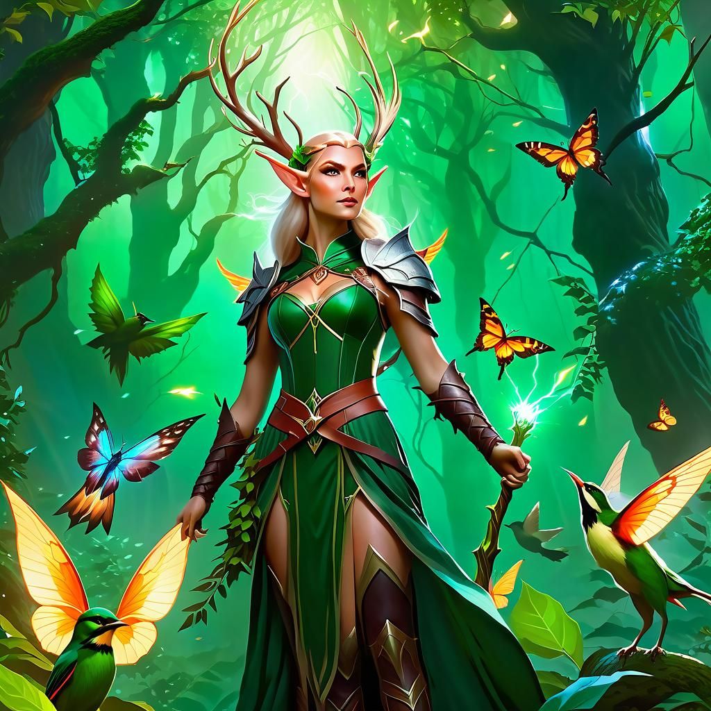 Elf Druid Summons Lightning in Emerald Forest
