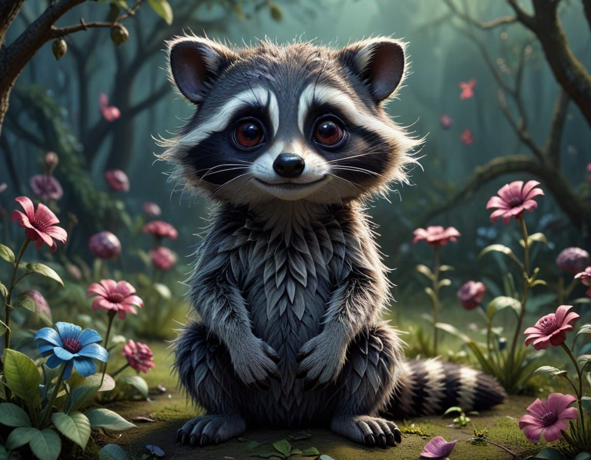 Whimsical Raccoon in Tim Burton Style