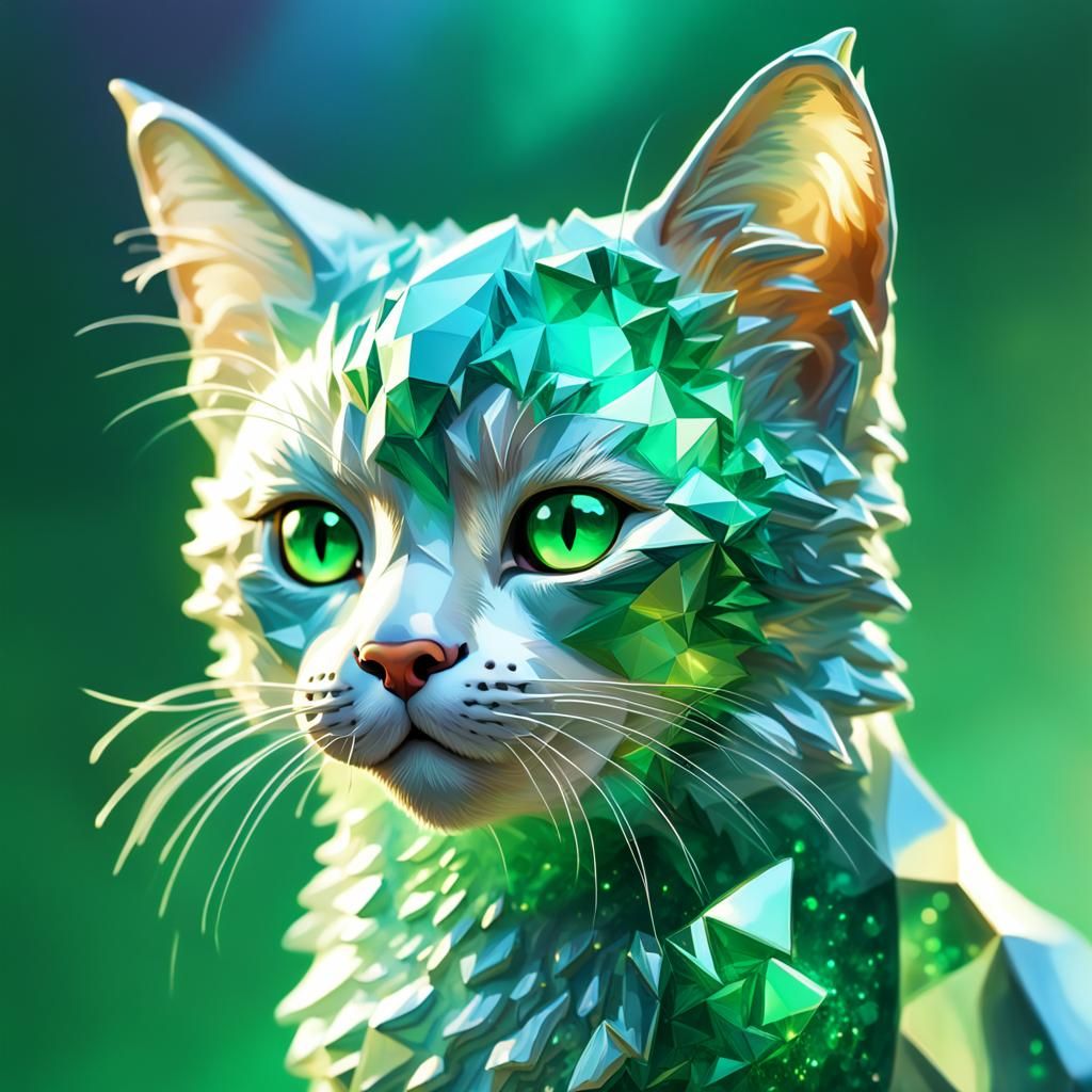 Emerald Crystal Kitten: Hyperrealistic Splash Art