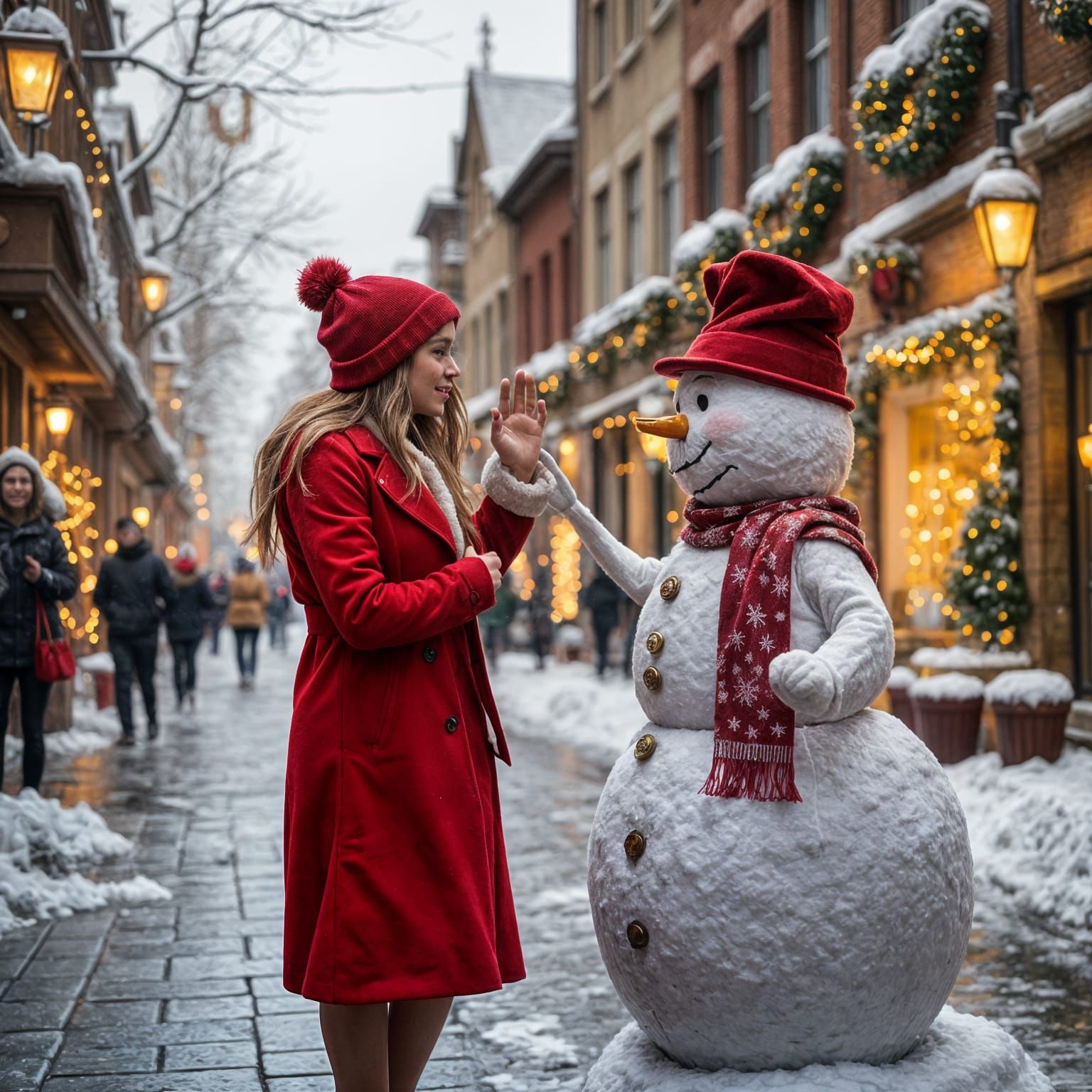 Woman Greets Snowman on Christmas Eve Street