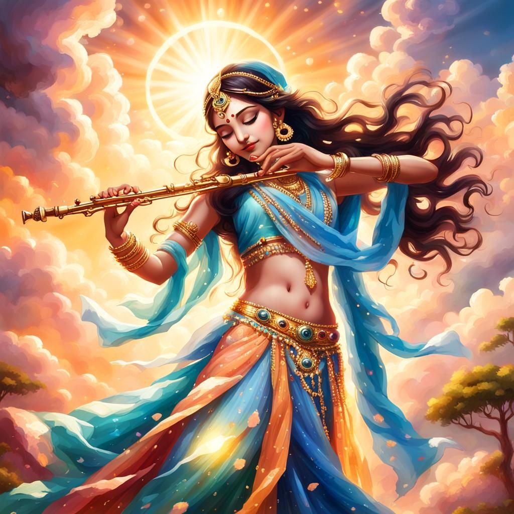 Krishna Plays Flute for Dancer in Divine Light
