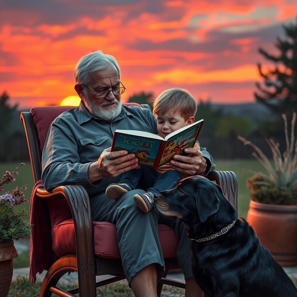 Grandfather Reads to Grandson at Sunset