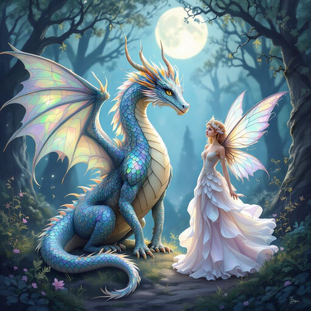 Dragon and Fairy in Moonlit Forest