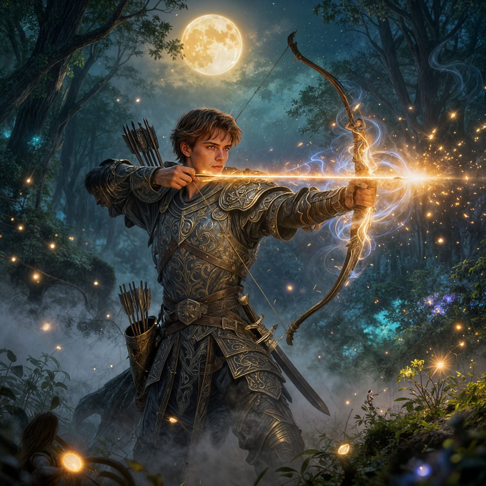 Warrior Archer in Enchanted Forest with Magical Bow