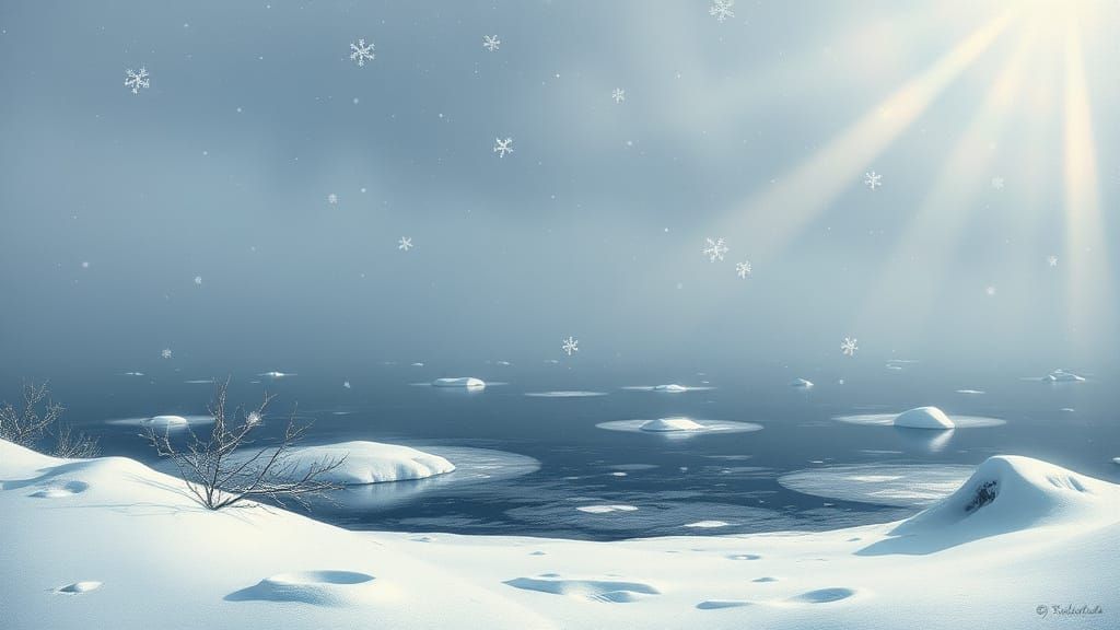 Frozen Lake with Surreal Reflections and Magical Lighting