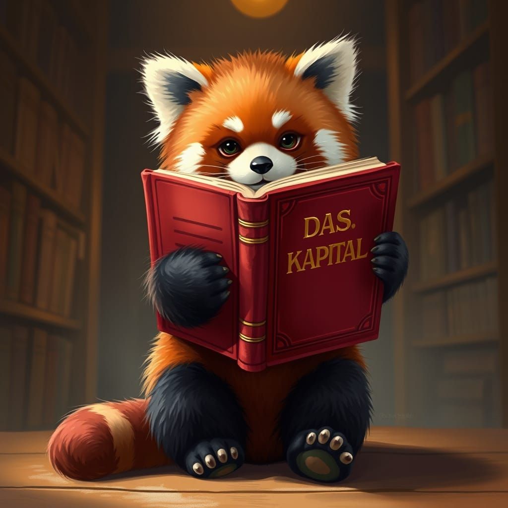 Red Panda Reading Das Kapital in Cozy Library