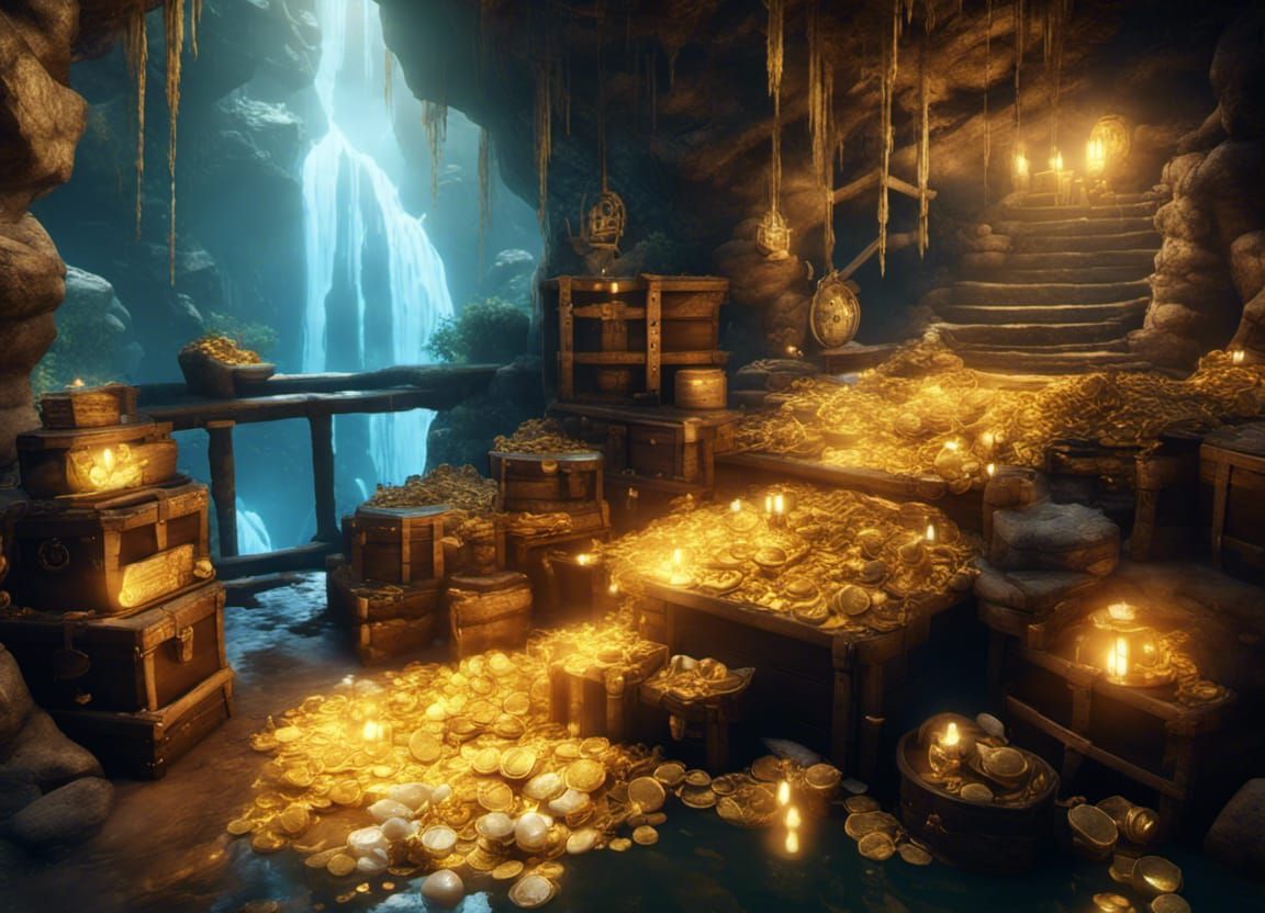 Pirate Treasure Cave with Waterfall in 3D
