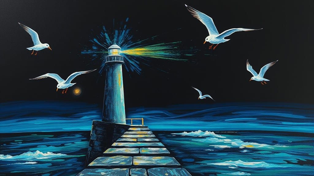 Twilight at the Lighthouse in the Style of Grimshaw