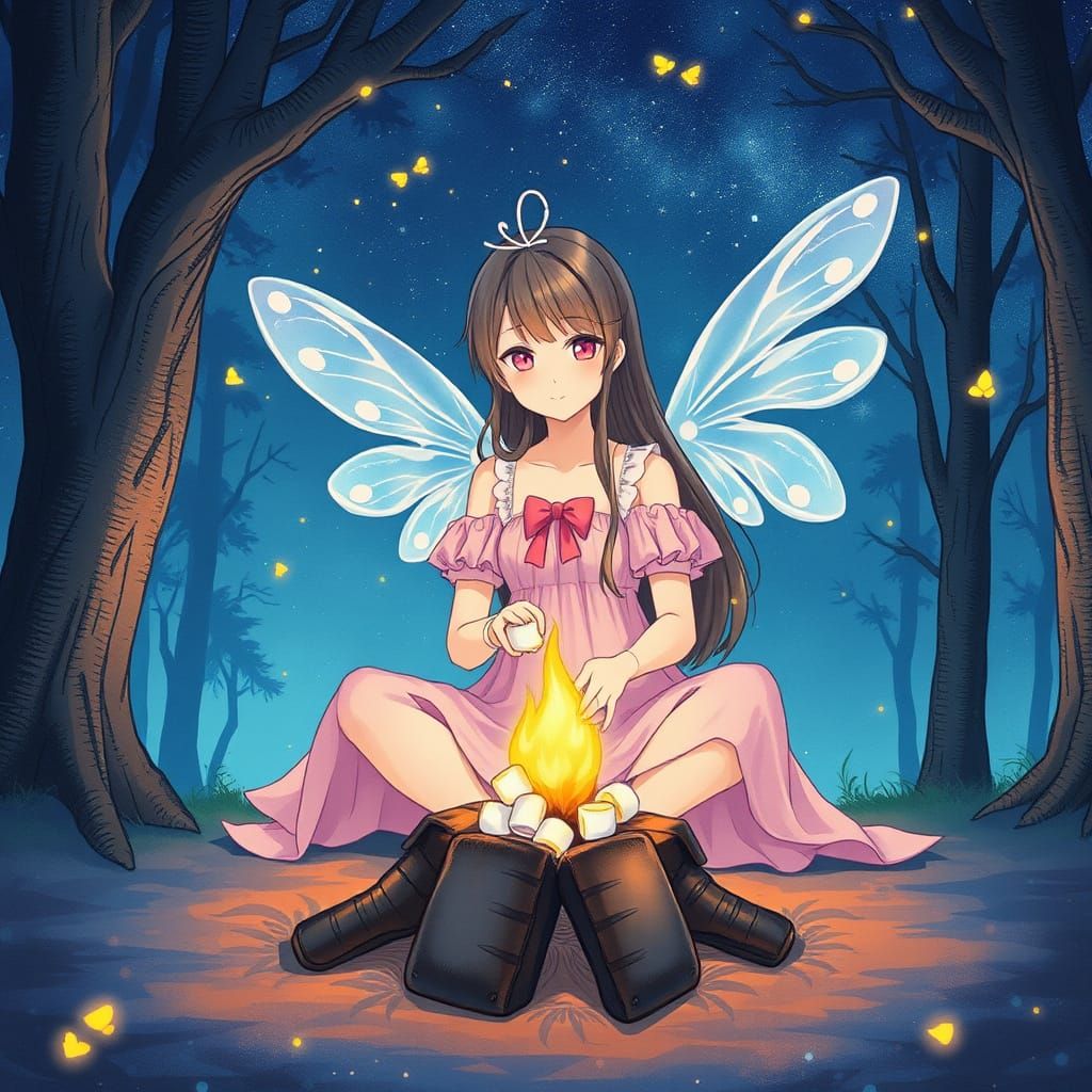 Whimsical Fairy Girl Roasts Marshmallows Under Starry Night ...