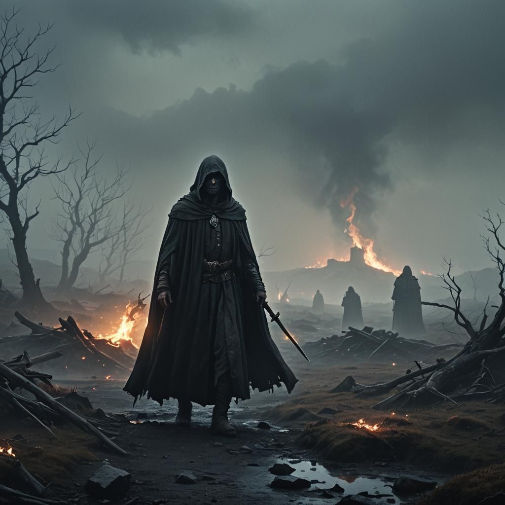 Dark Fantasy Bánánach in Battle-Scarred Landscape