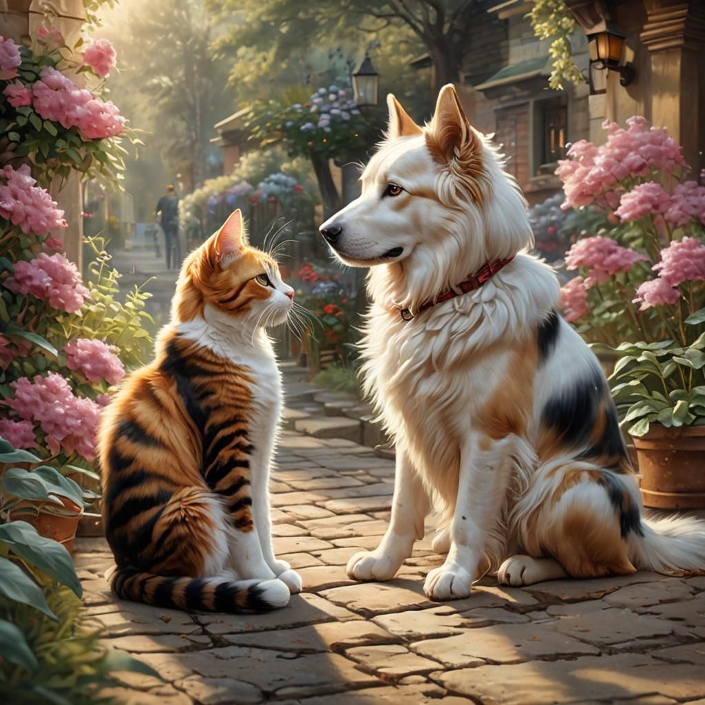 Touching Dog and Cat Friendship Oil Painting