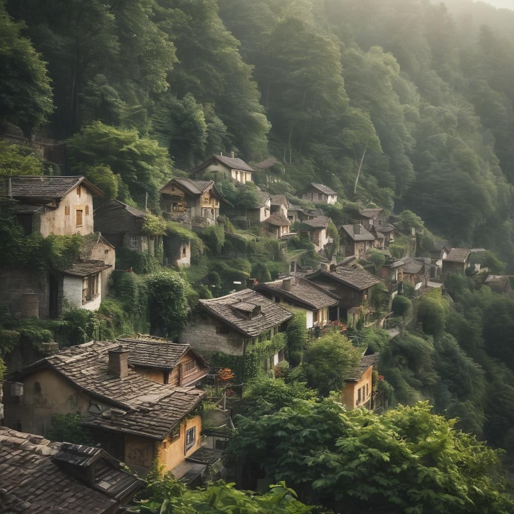 Serene Village Landscape in Forest, Film Grain