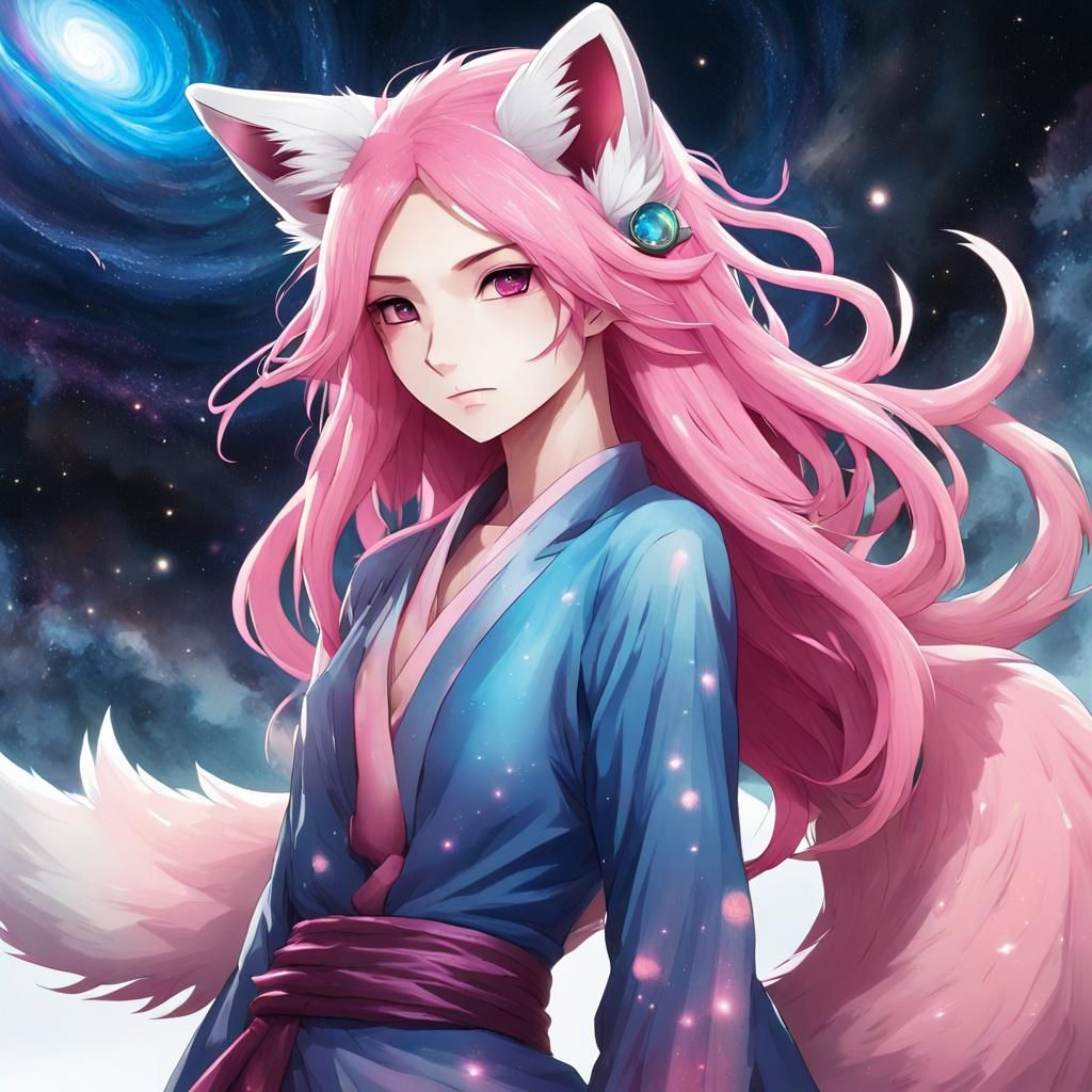 Anime Kitsune with Galaxy Hair and Dark Sword