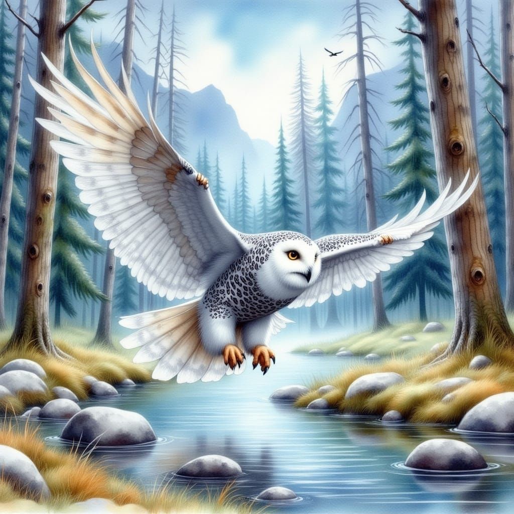 Snowy Owl Portrait Over Pond, in Watercolor Style