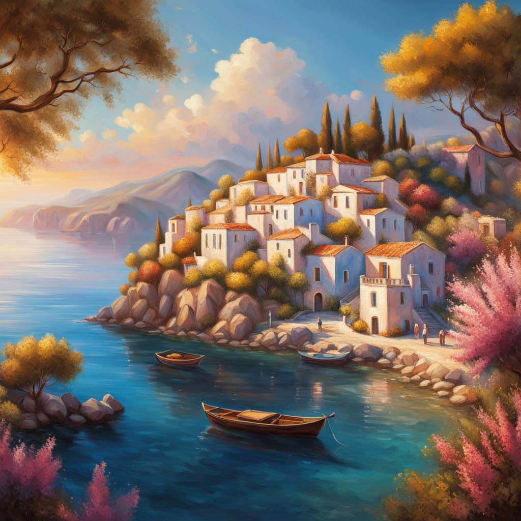 Serene Greek Village by the Sea: Impressionist Oil Painting