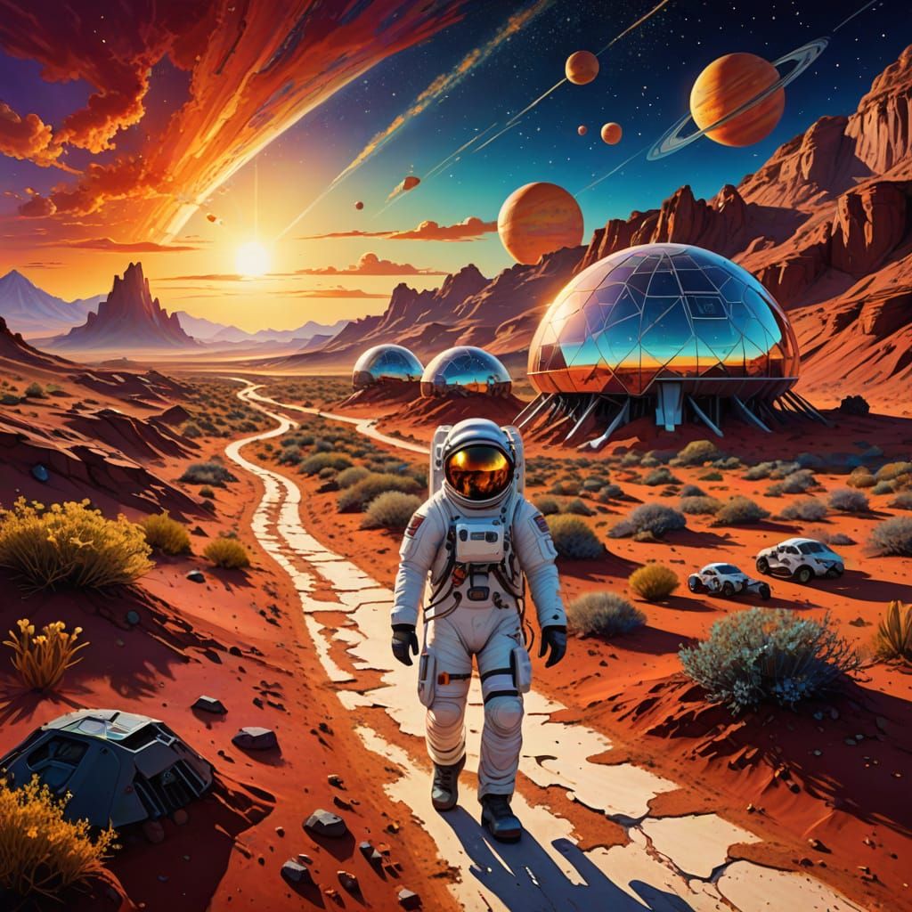 Surreal Cosmic Landscape with Astronaut and Futuristic Settl...