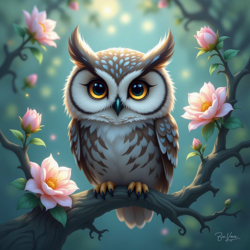 Whimsical Owl on Fractal Branch: Fantasy Art Masterpiece