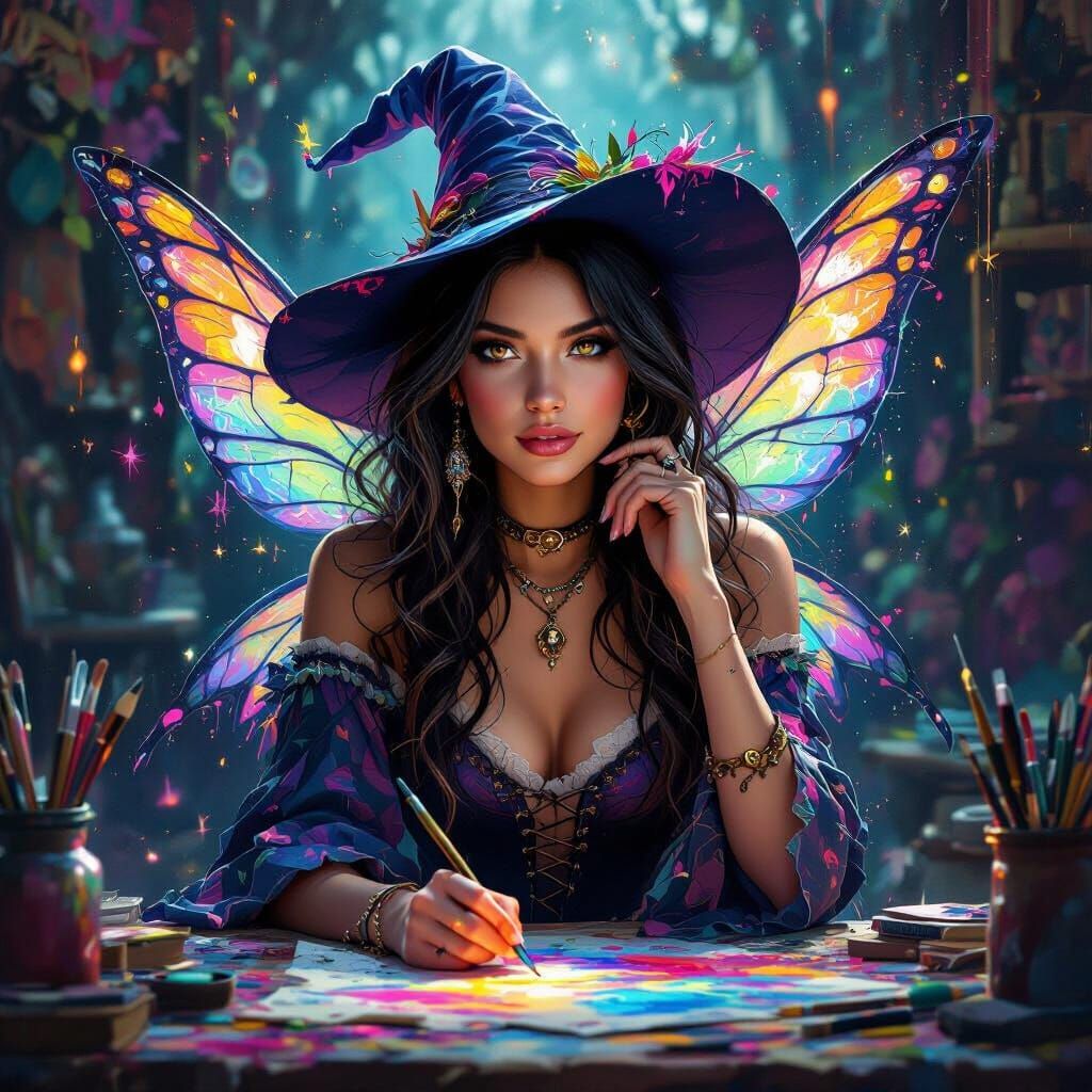 Magical Fairy Witch in Vibrant Art Studio