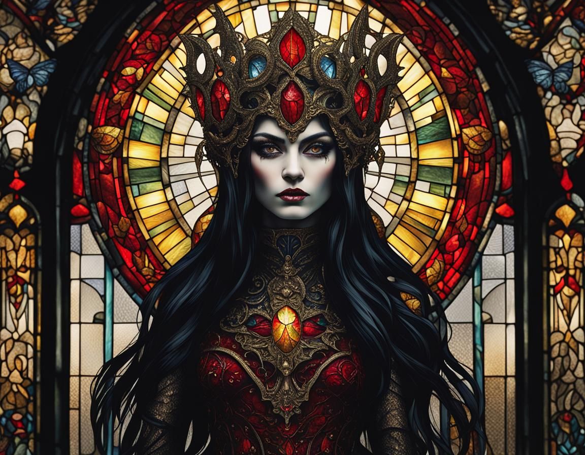 Sinister Dark Fairy Goddess in Stained Glass