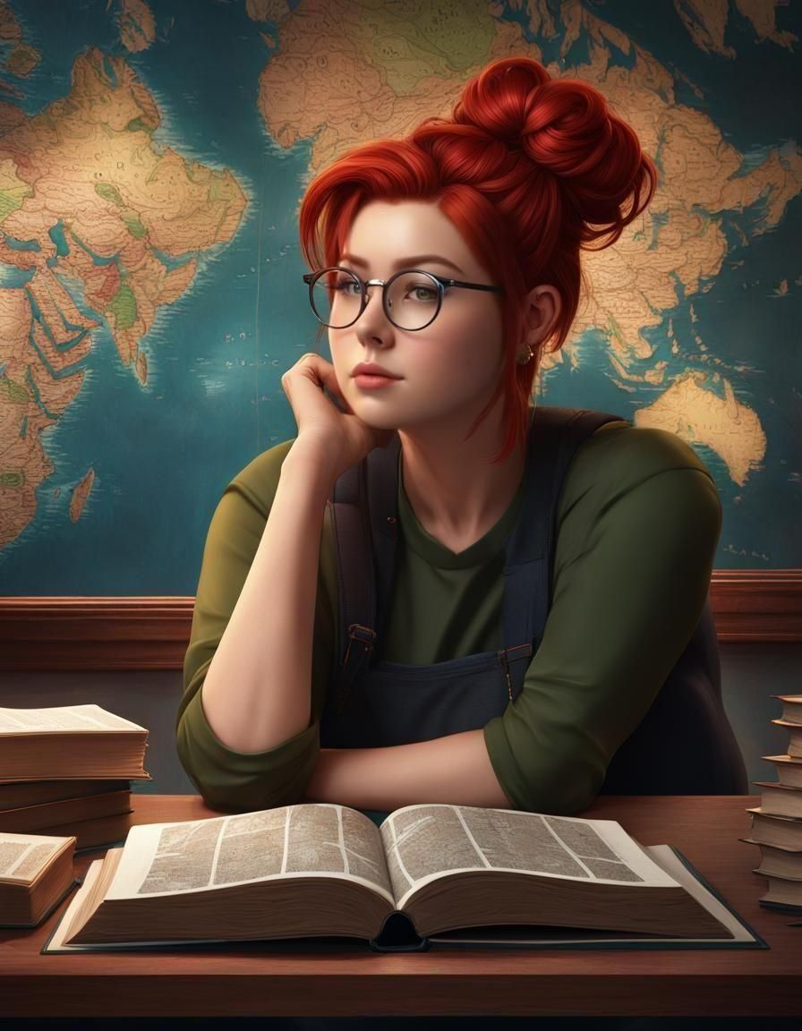 Classroom Portrait of Red-Haired Woman in Detailed Matte Pai...