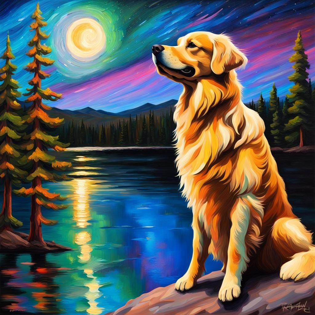 Golden Retriever Under Aurora as Impasto Painting