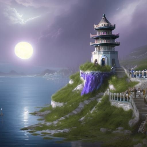 Moon Elf Queen Overlooking Island Port City