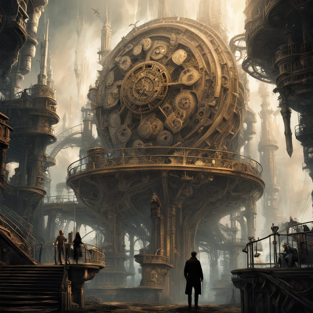 Dreamlike Clockwork Cityscape in Surrealist Style