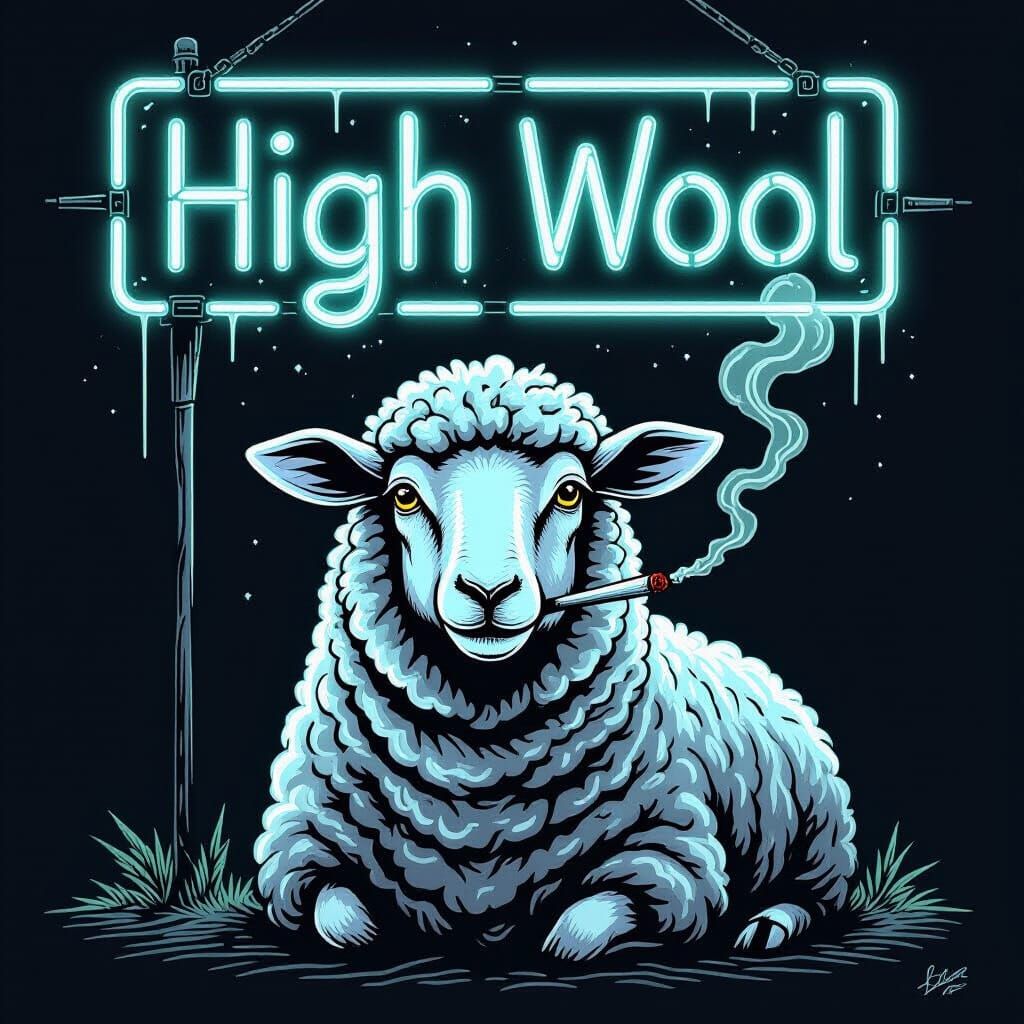 Smoking Sheep Under "High Wool" Sign in Ink