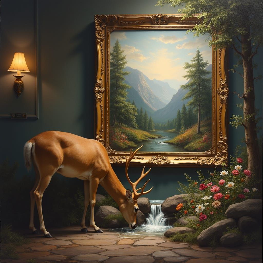 Realistic Oil Painting of a Deer in a Dark Room with Forest ...