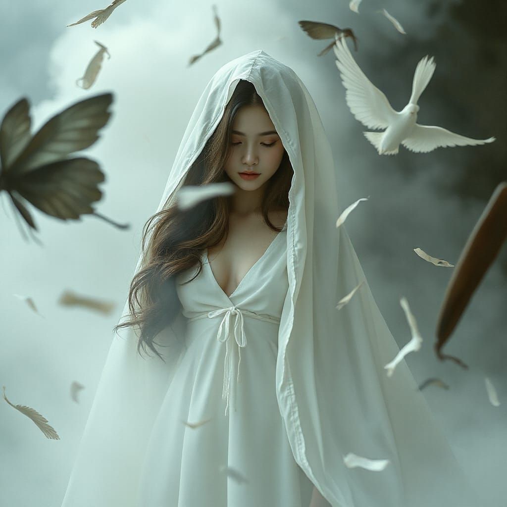 Melancholic Woman in Dreamlike Mist, Ethereal Art